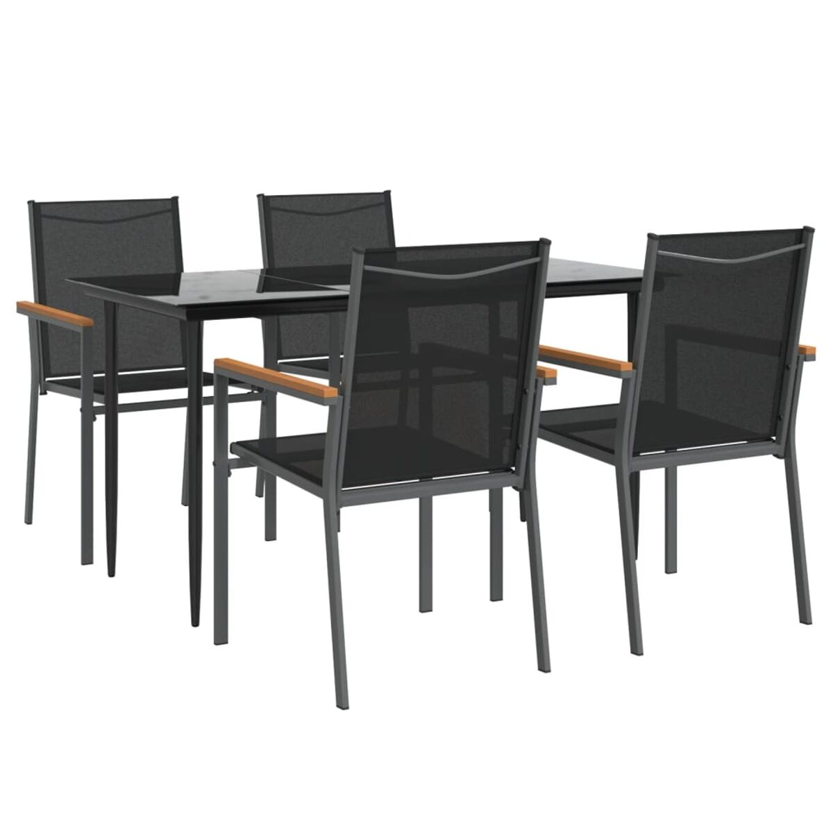Essgruppe im Freien: schwarzer Tisch und Stühle mit Holzarmlehnen, auf Weiß.
