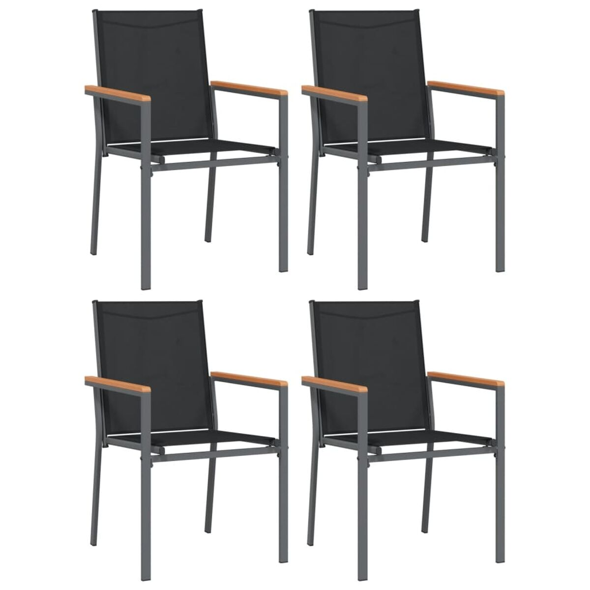 Vier schwarze Stühle mit Holzarmlehnen. Sie haben Metallrahmen.