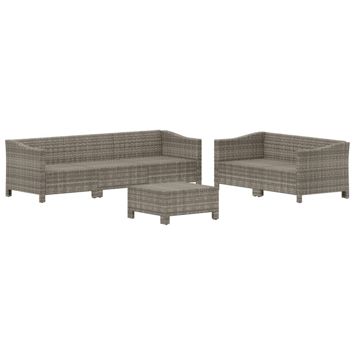 Gartenmöbel-Set mit grauem Webdesign. Enthält ein Sofa, eine Liebesbank und einen Couchtisch.