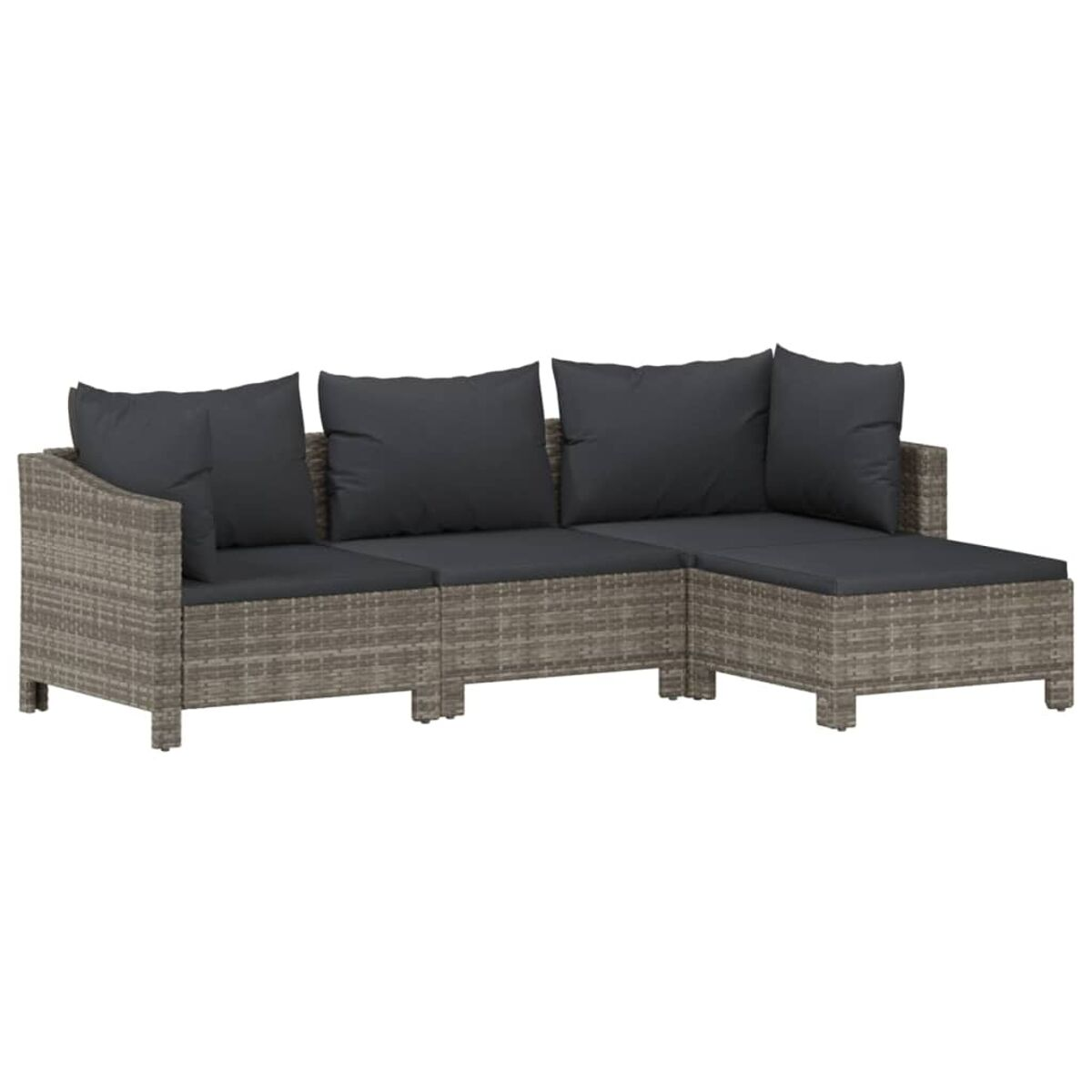 Graues L-förmiges Sofa mit Kissen. Es besteht aus gewebtem Material.