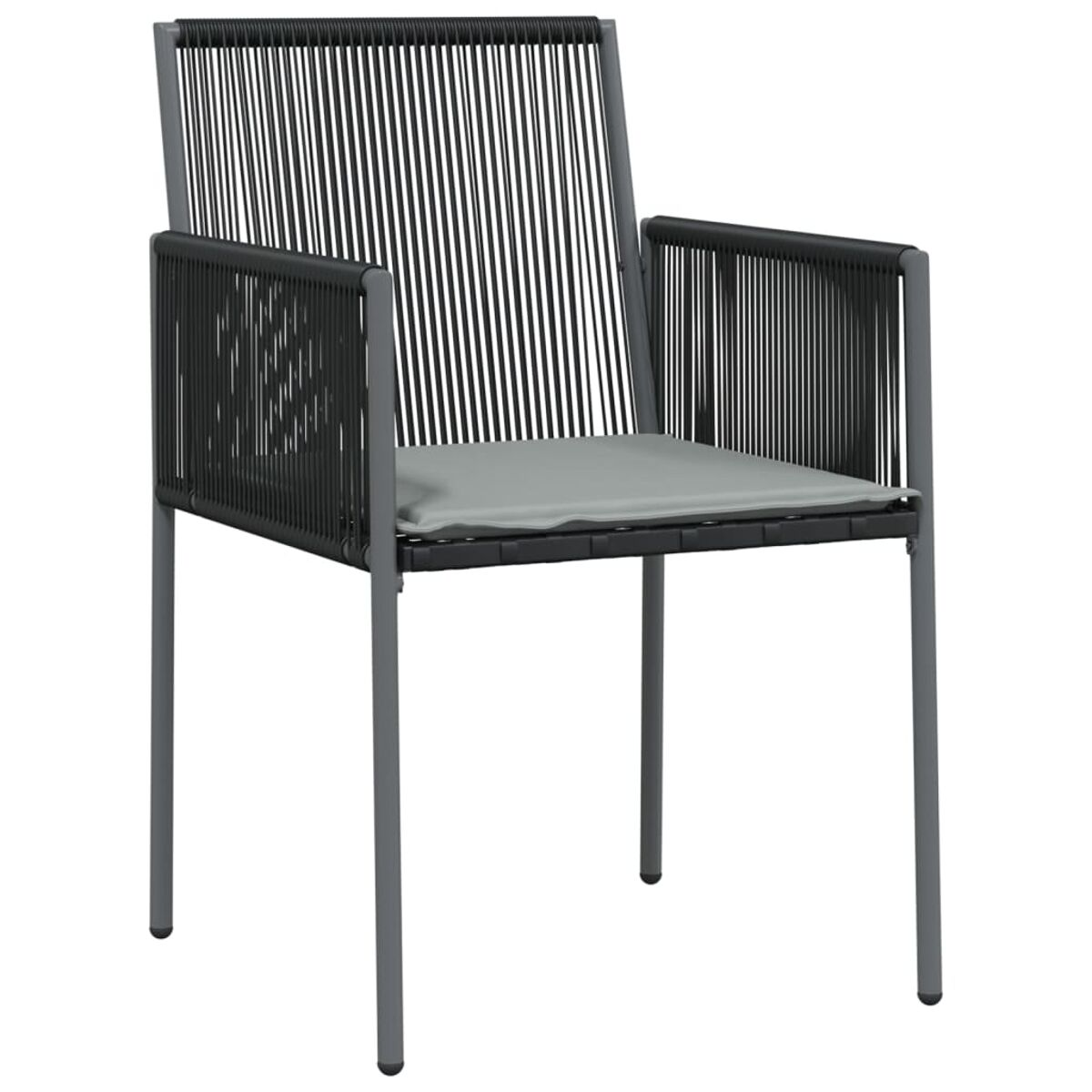 Grauer Metallstuhl mit schwarzen Seildetails an Rücken und Armen. Ein hellgraues Kissen sitzt auf dem Sitz.