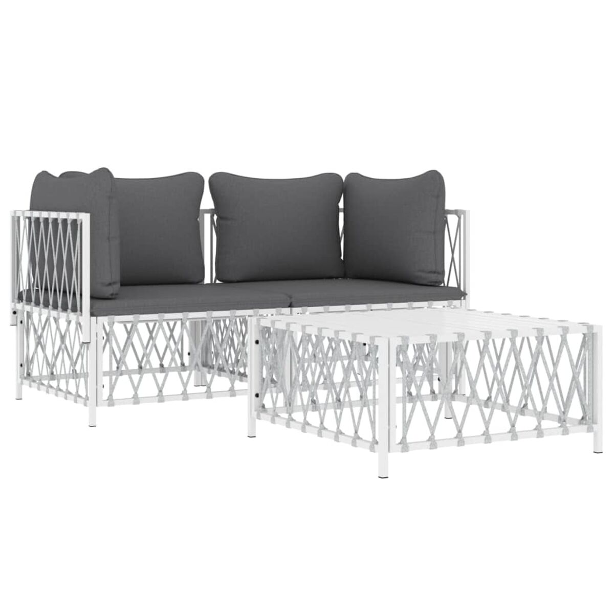 Weißes Gartenmöbelset: Sofa, Tisch, mit grauen Kissen.