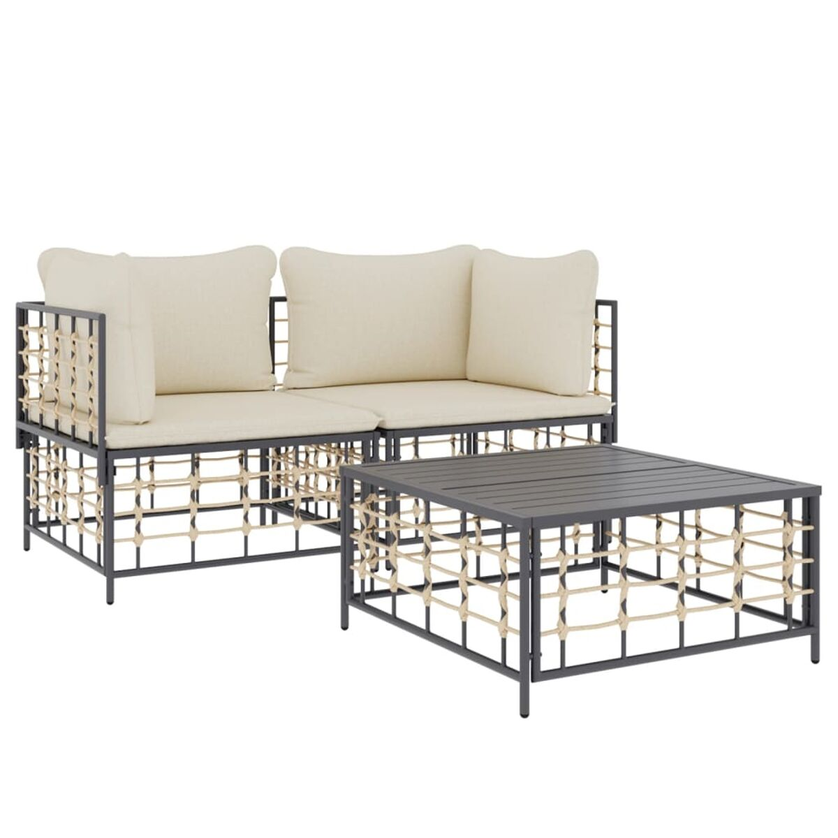 Ein dunkelgraues Gartensofa und Couchtisch-Set. Weißer Hintergrund.