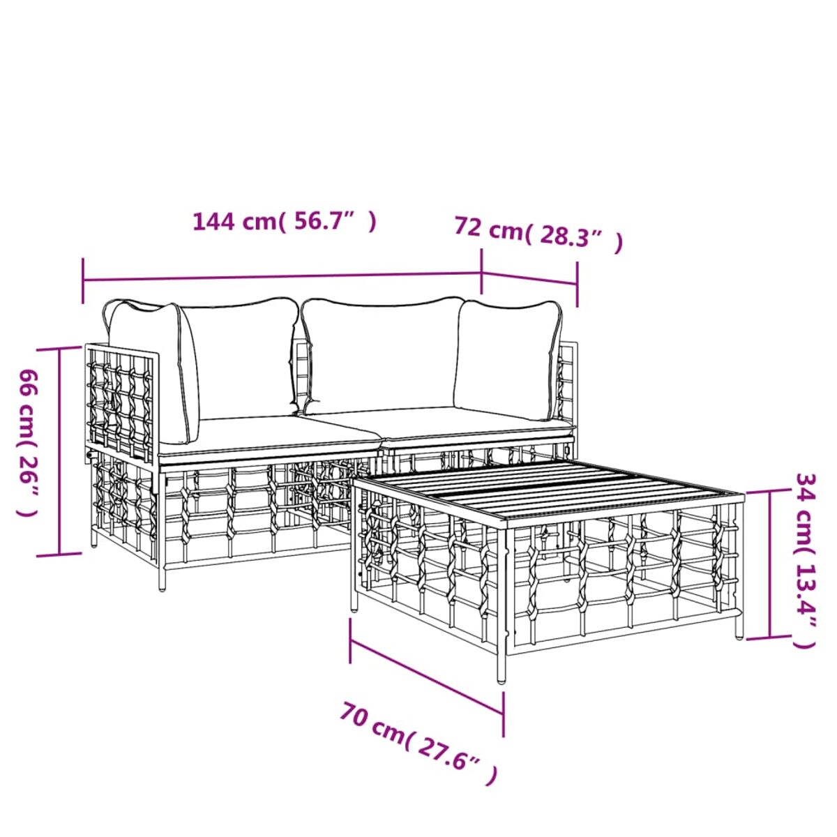 Diagramm mit den Abmessungen eines Sofas und eines passenden Tisches, Maße in cm.