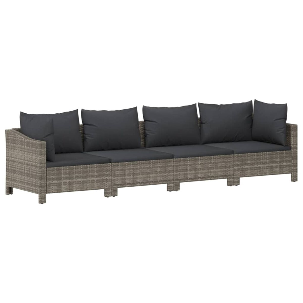 Graues, gewebtes Outdoor-Sofa mit vier dunkelgrauen Kissen, modernes Design.