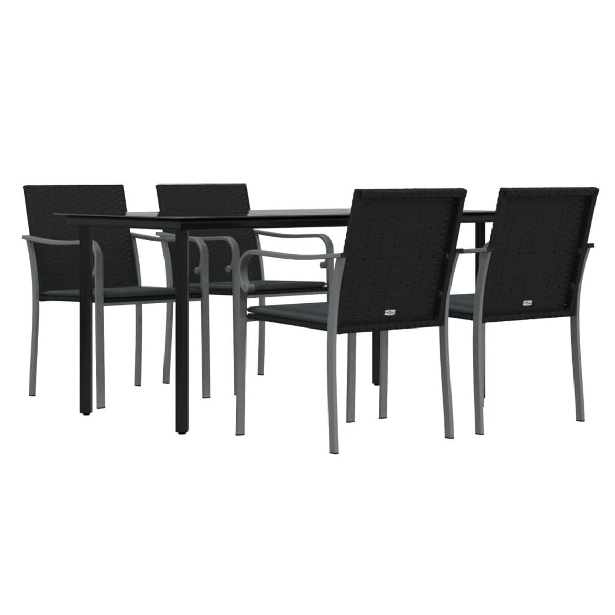 Schwarzer Tisch und Stühle-Set. Die Stühle haben graue Beine und gewebte Rücken.