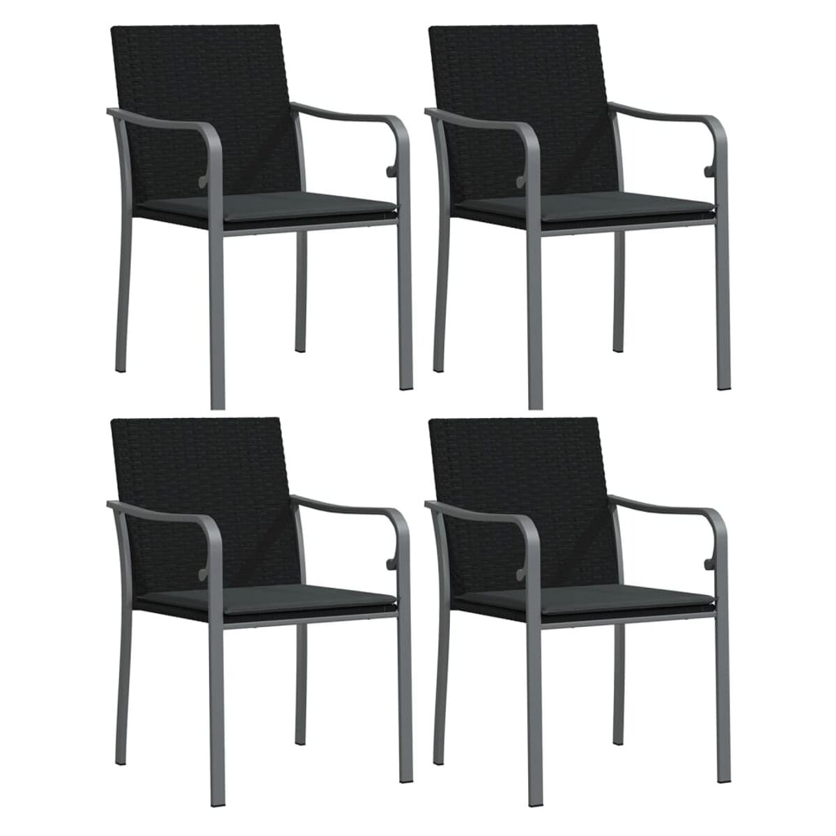 Vier Outdoor-Stühle mit schwarzen gewebten Sitzen und Rückenlehnen. Sie haben Metallrahmen und Armlehnen.