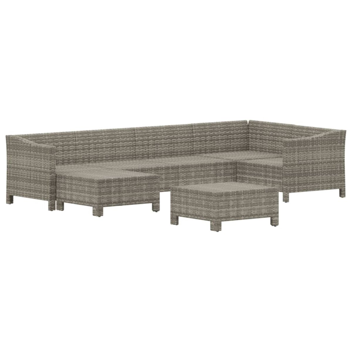 Graues Rattan-Sofagarnitur mit Couchtisch. Es ist auf weißem Hintergrund.