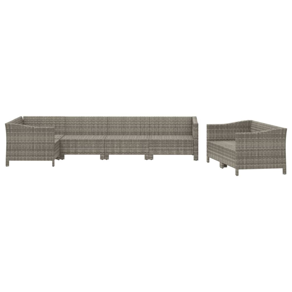 Graues Rattan-Gartenmöbelset: Sofa, Ecksofa und Stuhl. Weißer Hintergrund.
