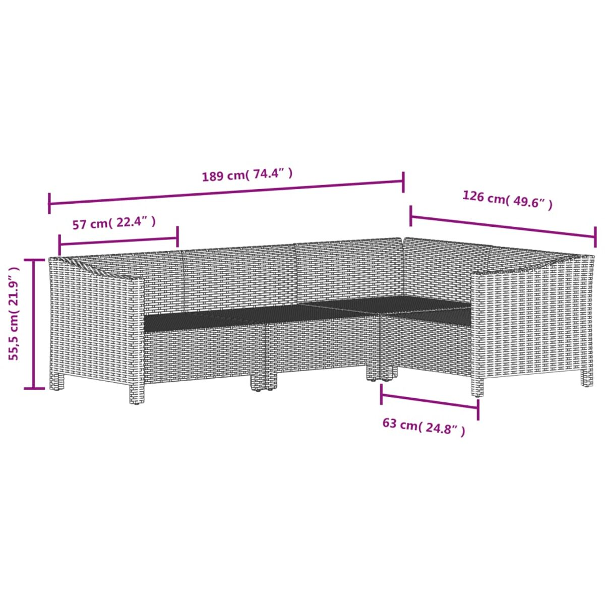Diagramm eines Outdoor-Ecksofas aus Korbgeflecht mit Abmessungen in cm und Zoll.