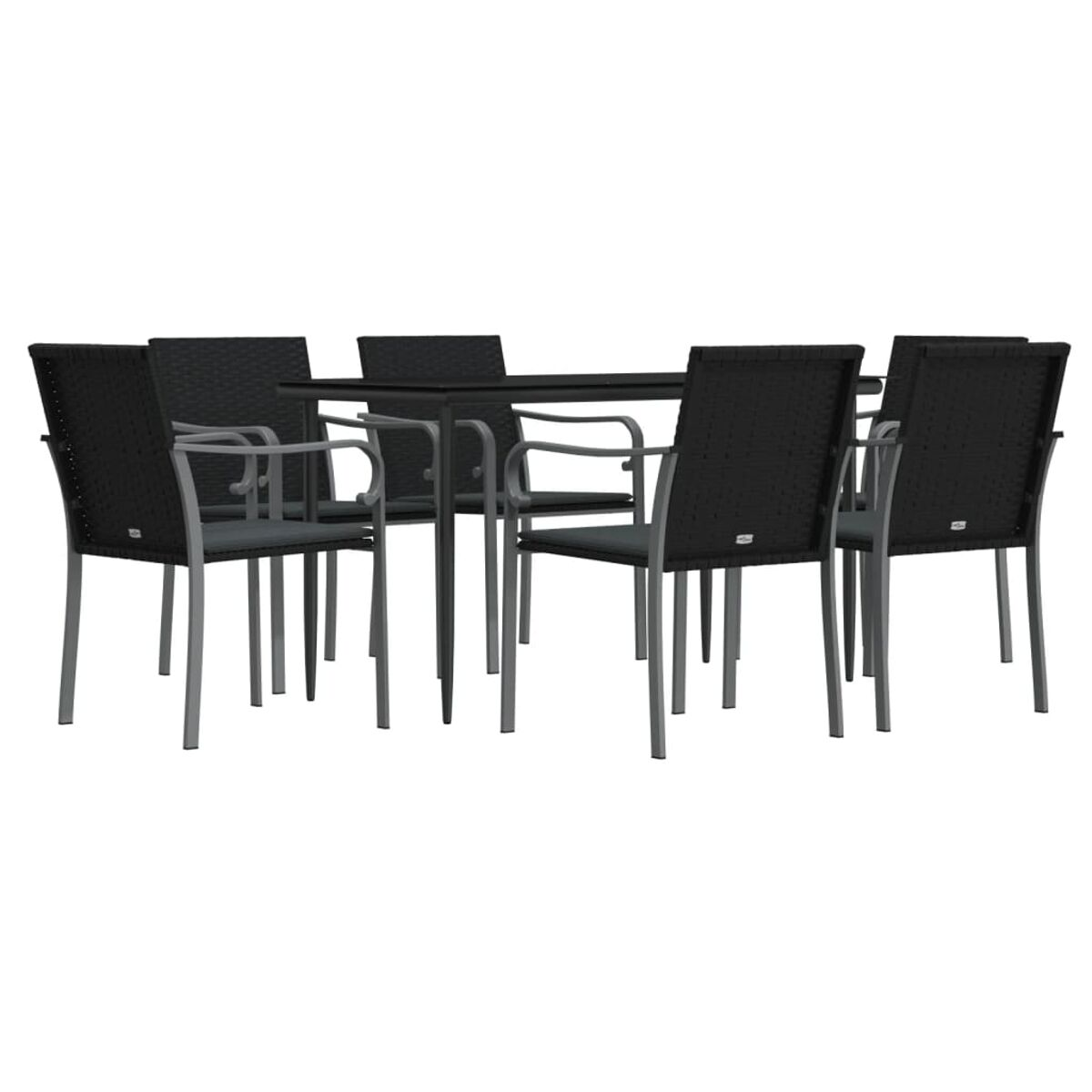Essgruppe für den Außenbereich mit schwarzen Stühlen und einem Tisch, auf weißem Hintergrund.
