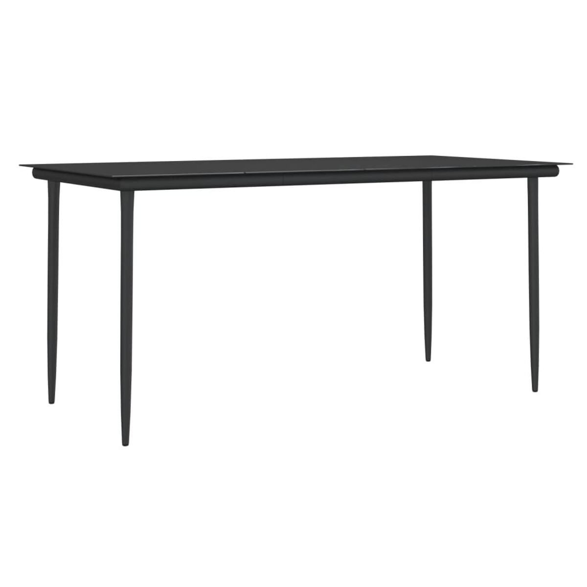 Ein schwarzer Esstisch mit vier dünnen schwarzen Beinen. Der Tisch hat eine matte schwarze Oberfläche.