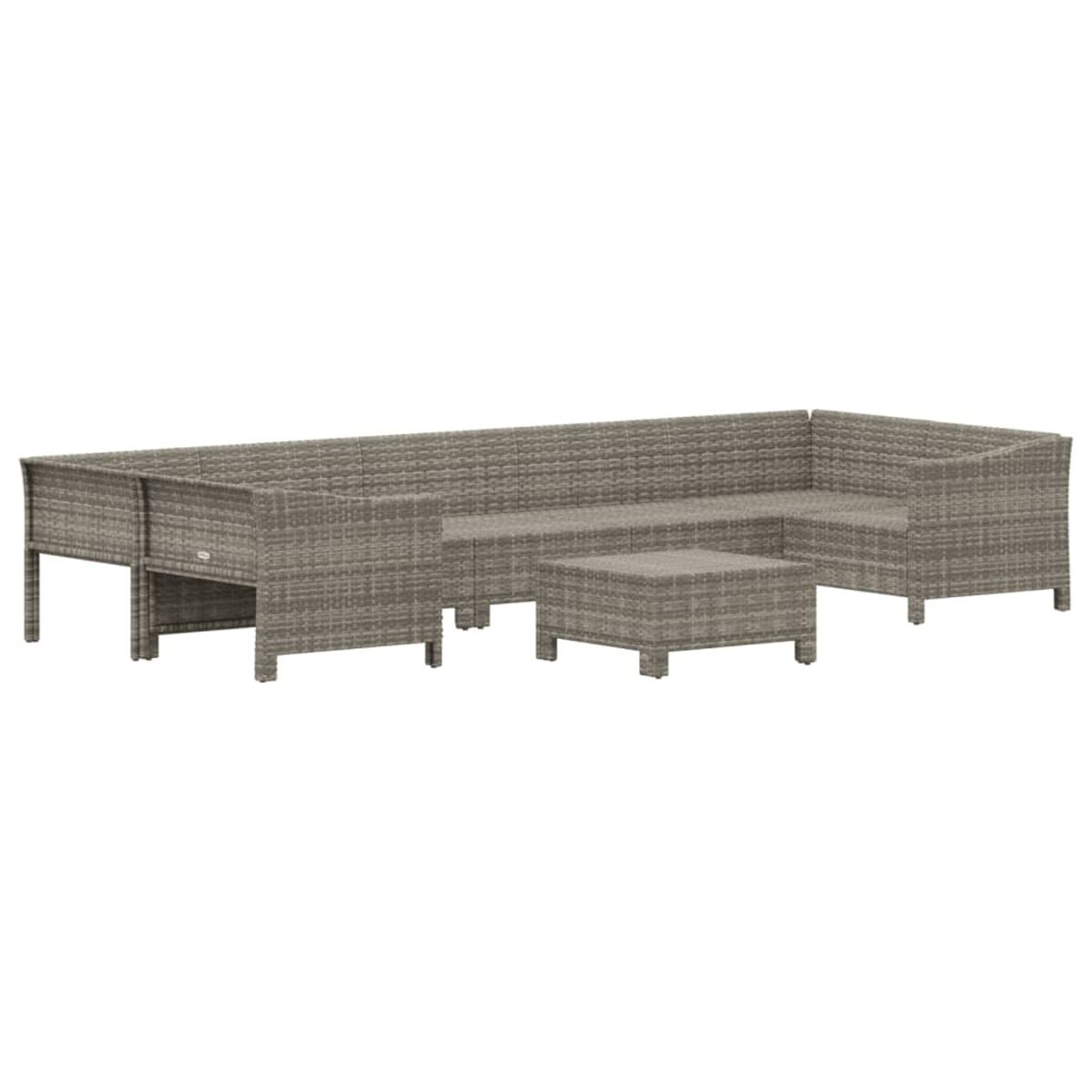 Graues Outdoor-Ecksofa und Tisch-Set auf weißem Hintergrund.