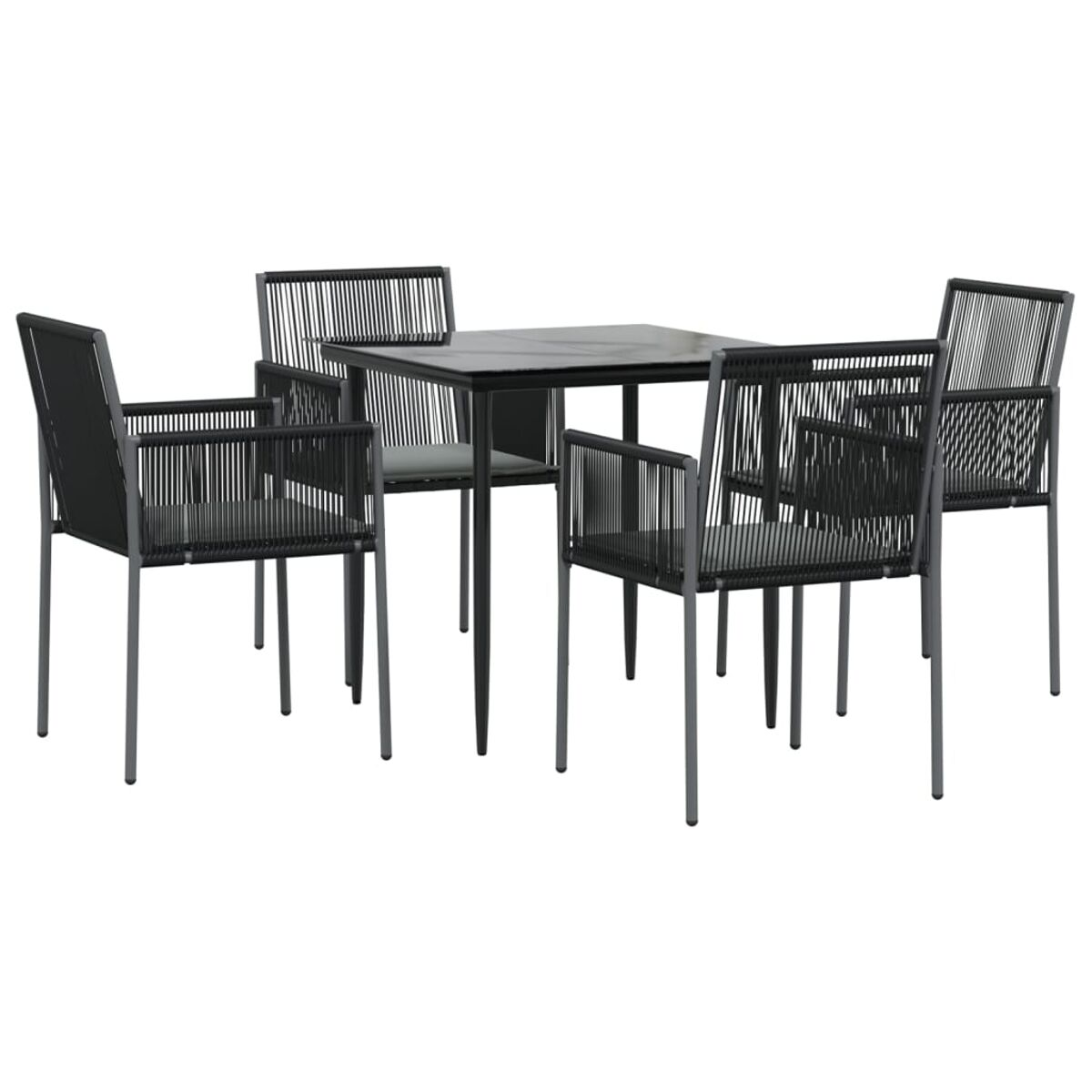 Essgruppe im Freien. Schwarze Stühle und Tisch. Quadratischer Tisch mit Glasplatte.