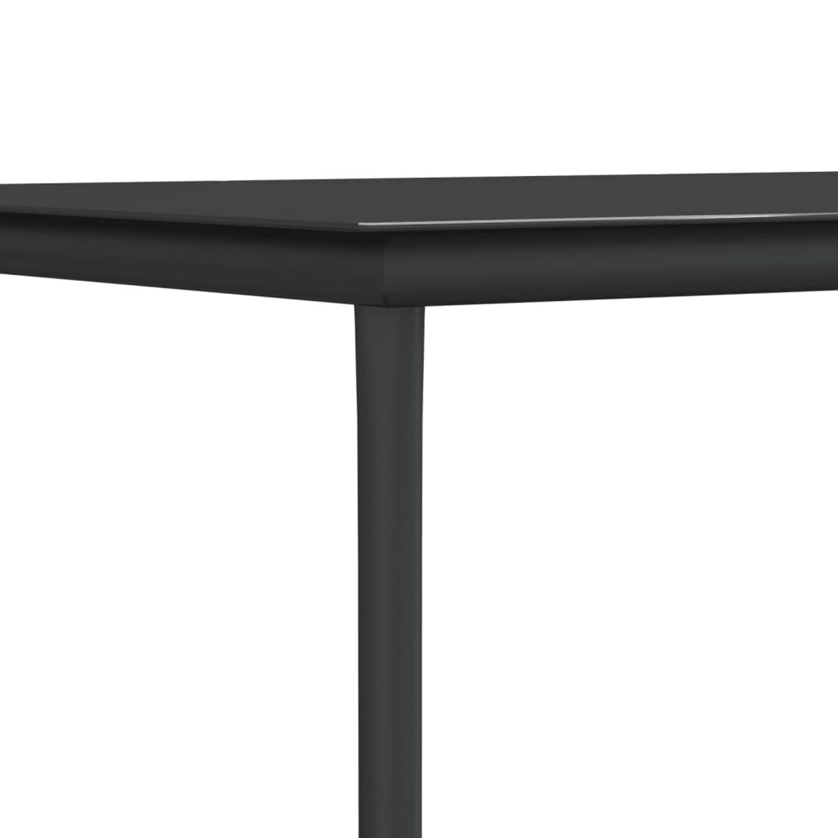 Schwarze Tischkante. Der Tisch hat eine glänzende Oberfläche. Das Bein ist ebenfalls schwarz und zylindrisch.
