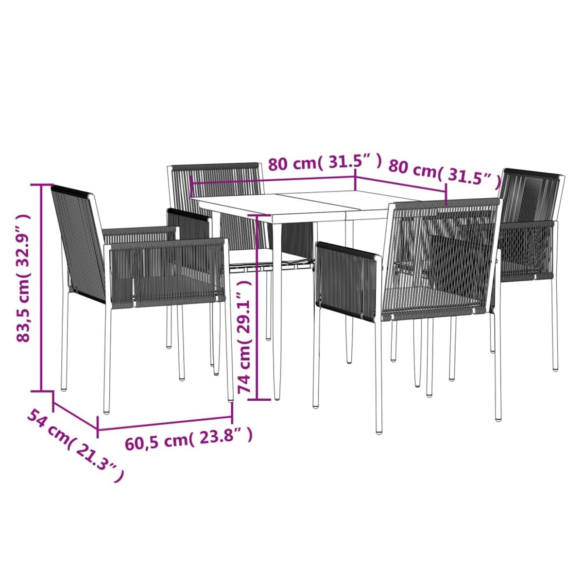 Essgruppe für draußen mit rechteckigem Tisch und sechs Stühlen, alle mit Seildetails.