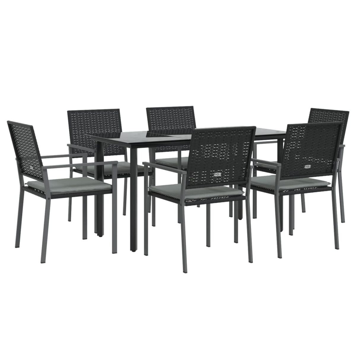 Ein Set aus sechs Stühlen und einem Tisch mit dunklem, gewebtem Texturdesign, vor weißem Hintergrund.
