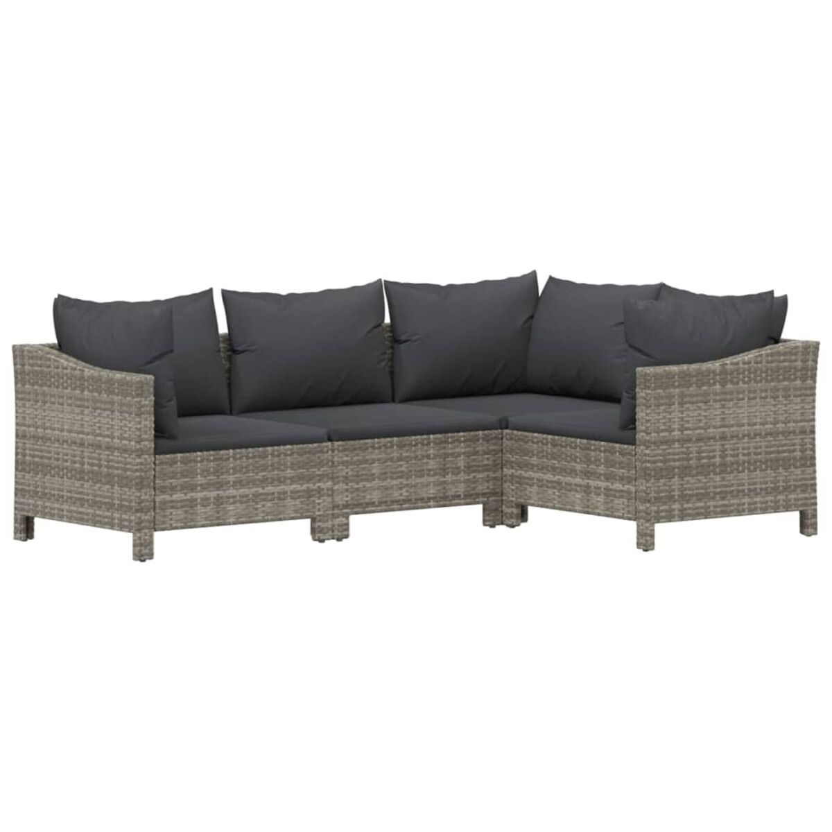 Graue Korbcouch mit dunkelgrauen Kissen. Die Couch ist L-förmig.
