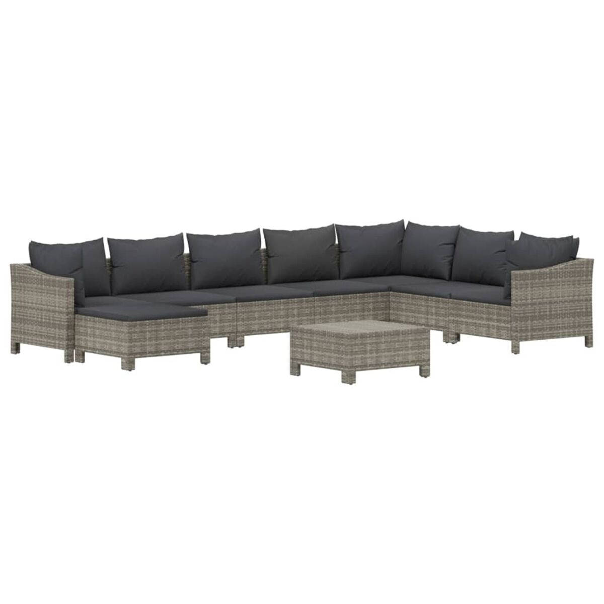 Ein Ecksofa für den Außenbereich mit dunkelgrauen Kissen und einem kleinen Tisch. Das Set hat eine U-Form.