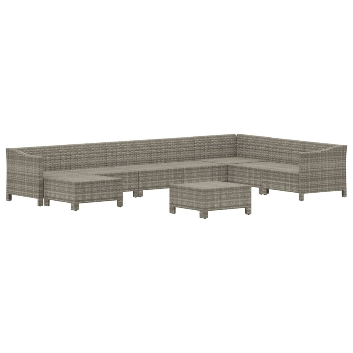 Ein großes, graues Korbsessel-Ecksofa und ein Couchtisch vor weißem Hintergrund.