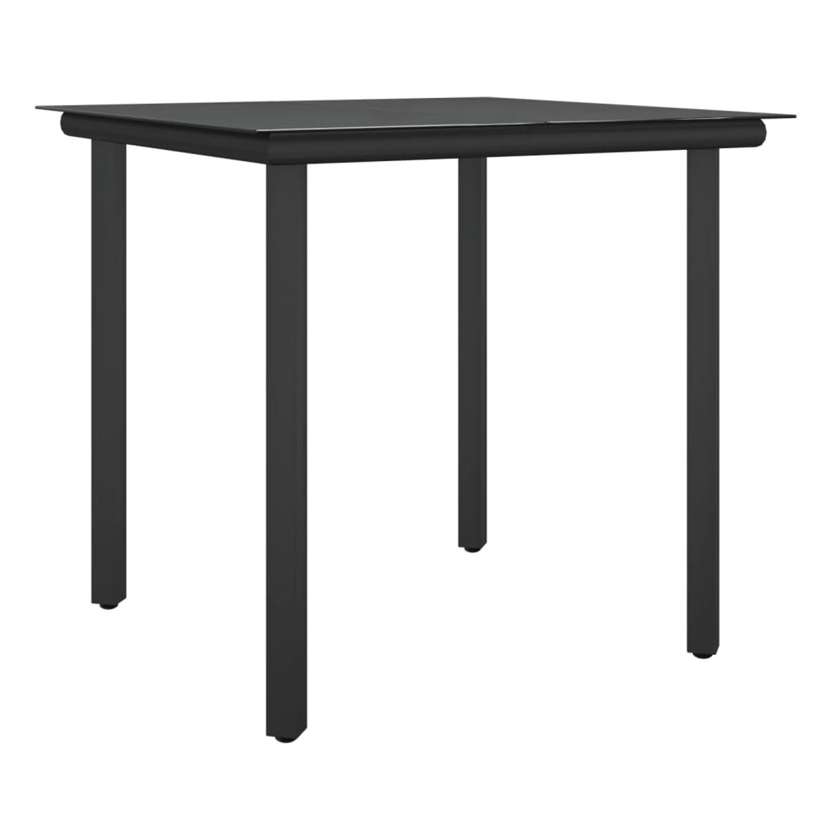 Schwarzer quadratischer Tisch mit schwarzen Beinen. Weißer Hintergrund.