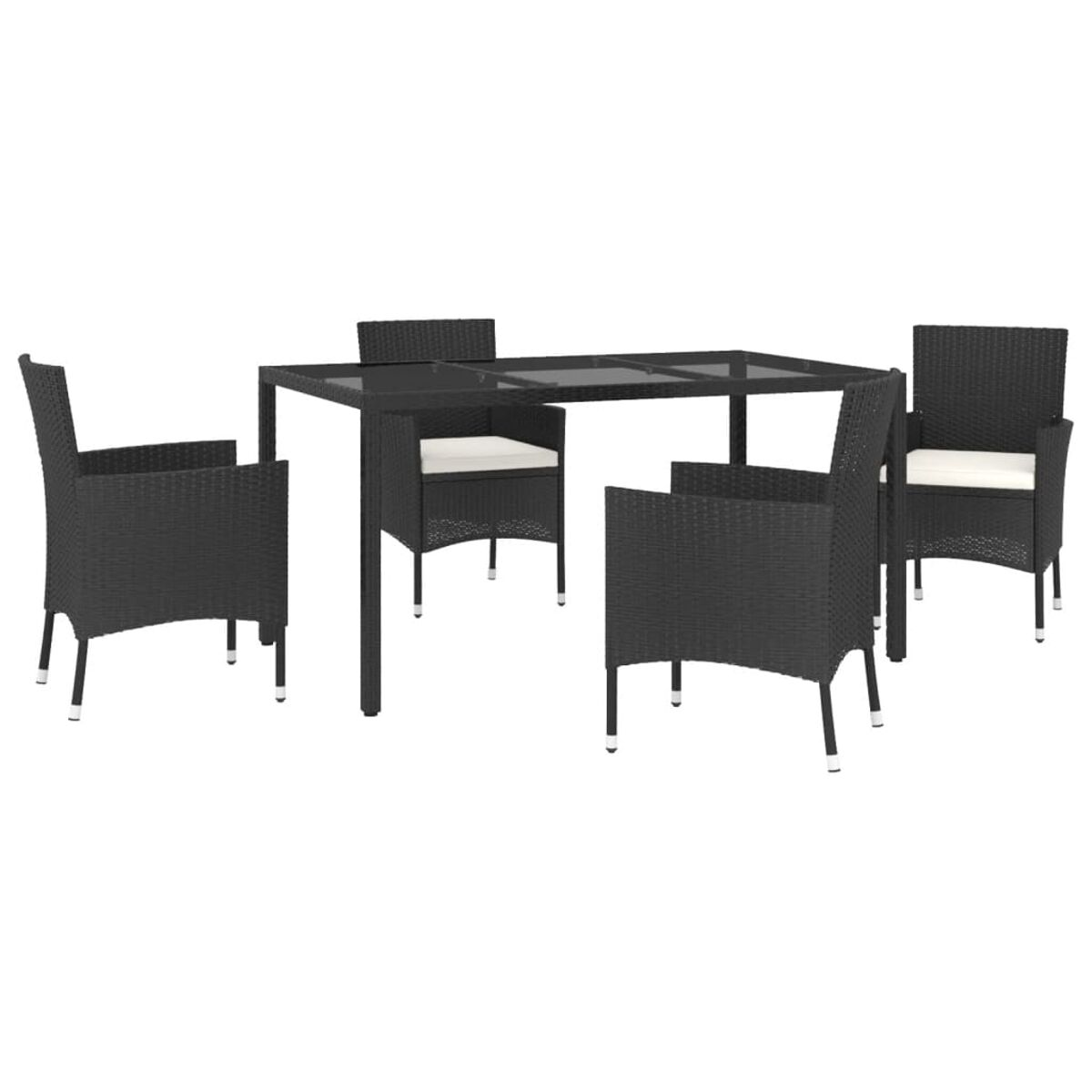 Ein schwarzes Esszimmer-Set für draußen mit Tisch und vier Stühlen, alles auf weißem Hintergrund.