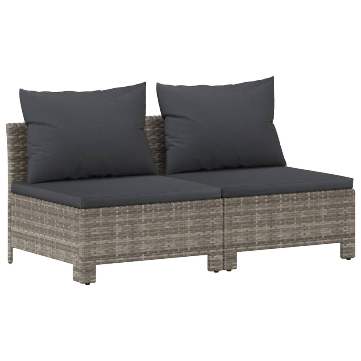 Zweisitzer-Outdoor-Sofa mit grauen Kissen und gewebtem Rahmen.
