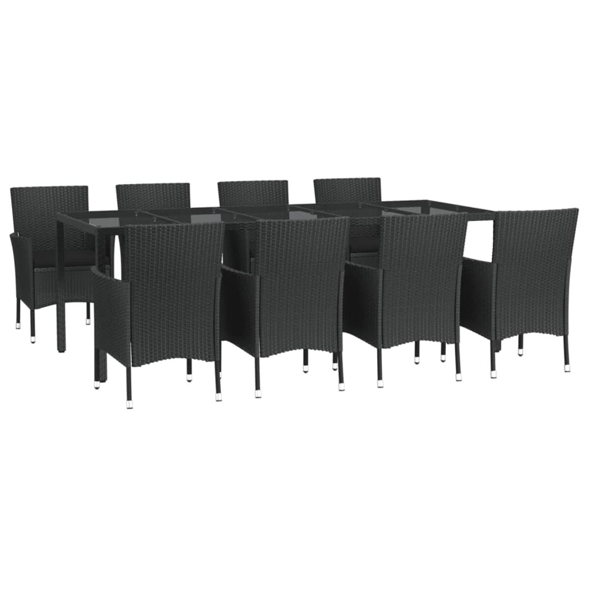 Schwarzer Korbtisch mit 8 Stühlen. Weißer Hintergrund.