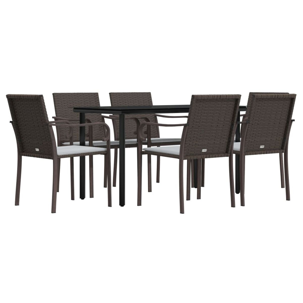 Essgruppe mit schwarzem Tisch und sechs Stühlen. Braune Stühle mit weißen Kissen um den Tisch.