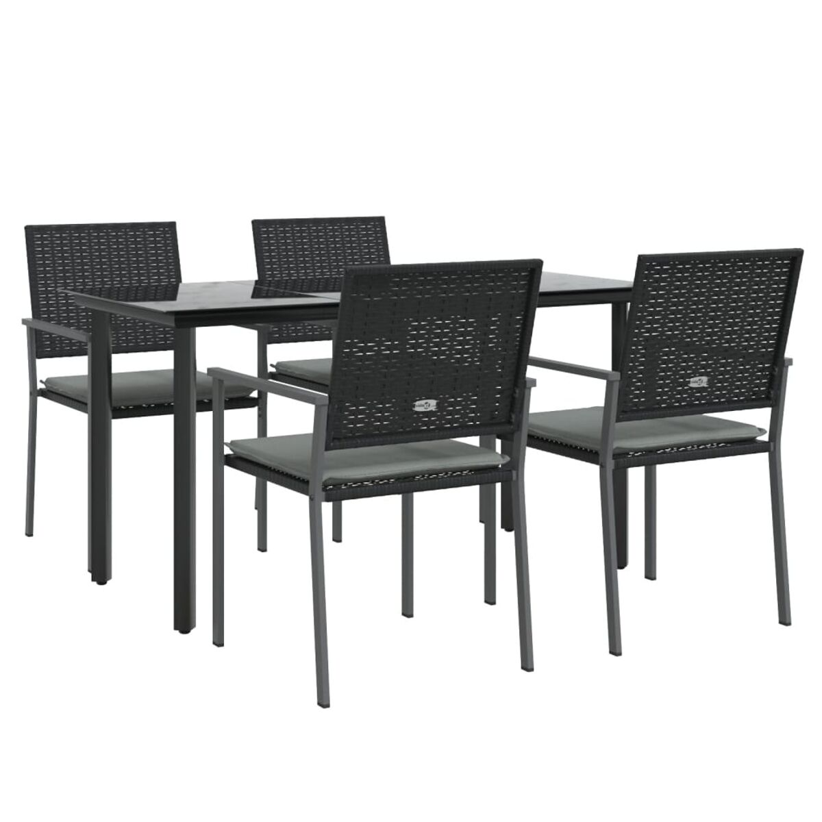 Schwarzes Ess-Set für den Außenbereich mit rechteckigem Tisch und vier Stühlen mit Kissen.