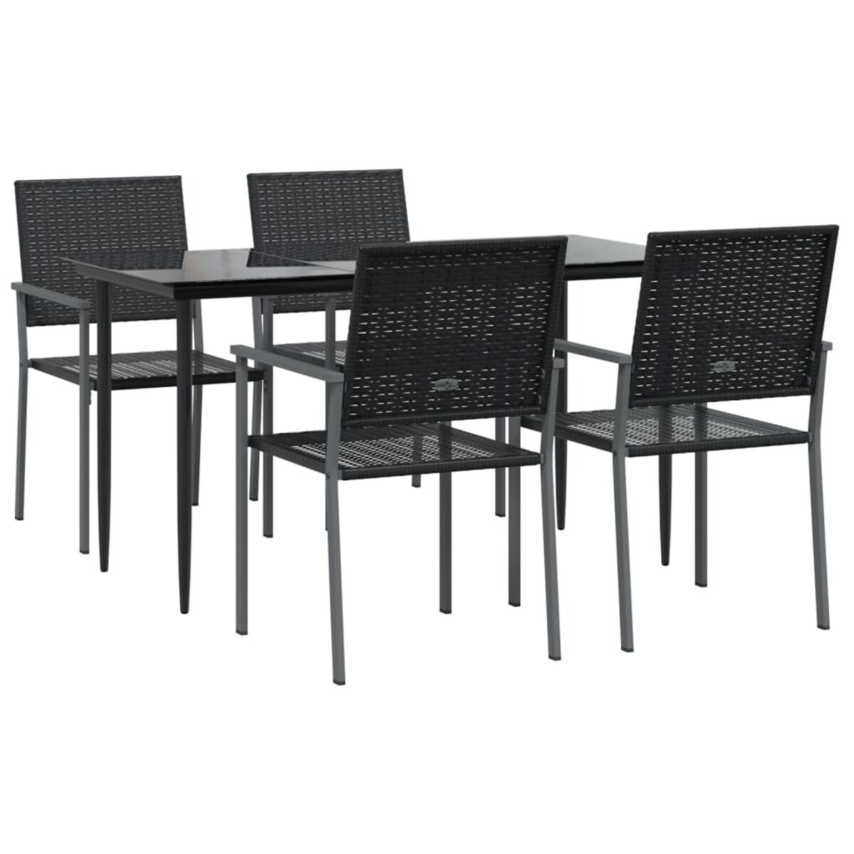 Ein schwarzes Esszimmer-Set aus Korbgeflecht mit rechteckigem Tisch und vier Stühlen, auf Weiß.