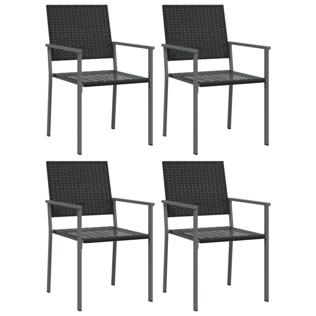 Vier schwarze Outdoor-Stühle mit grauen Metallrahmen, vor weißem Hintergrund.