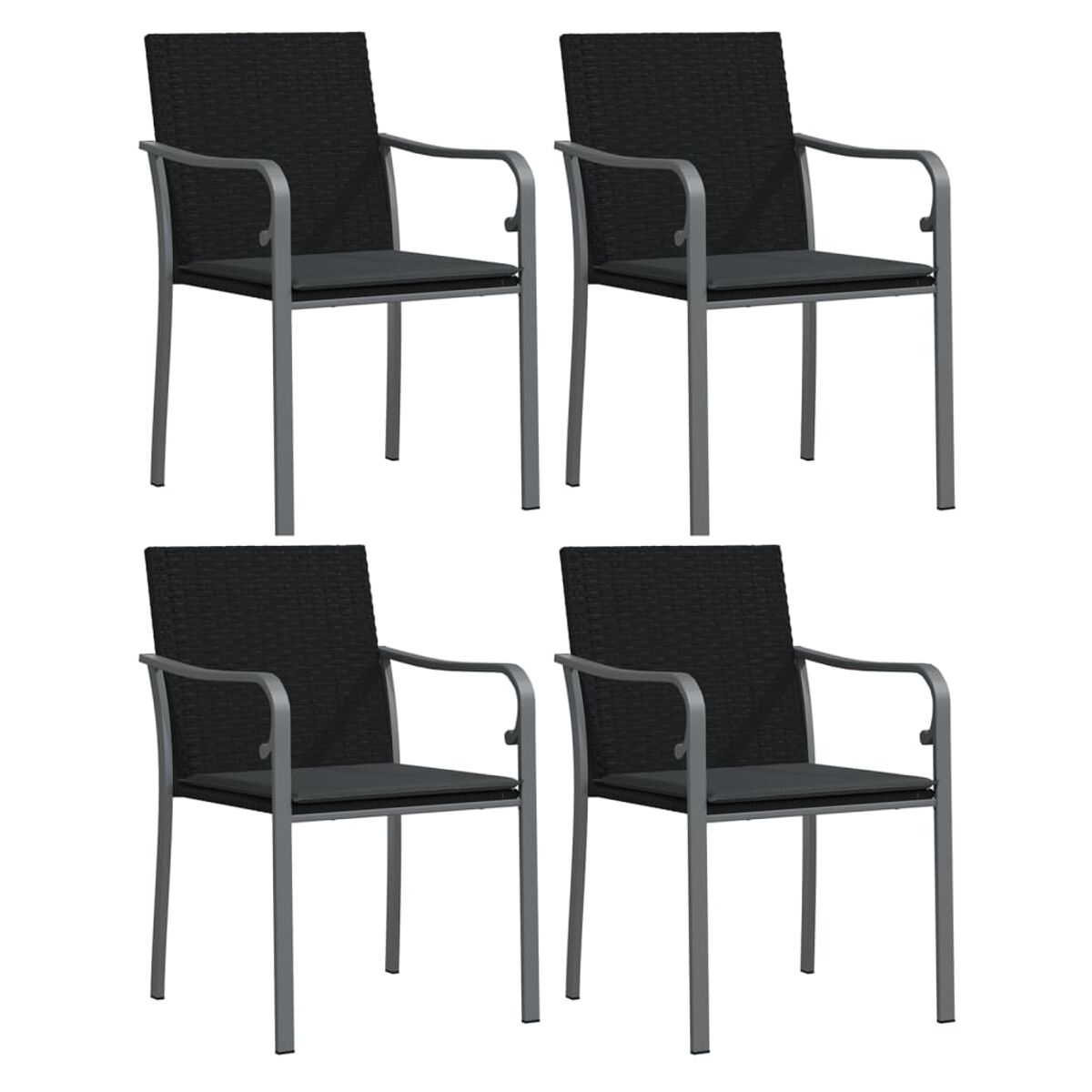 Vier schwarze Sessel mit grauen Sitzkissen.