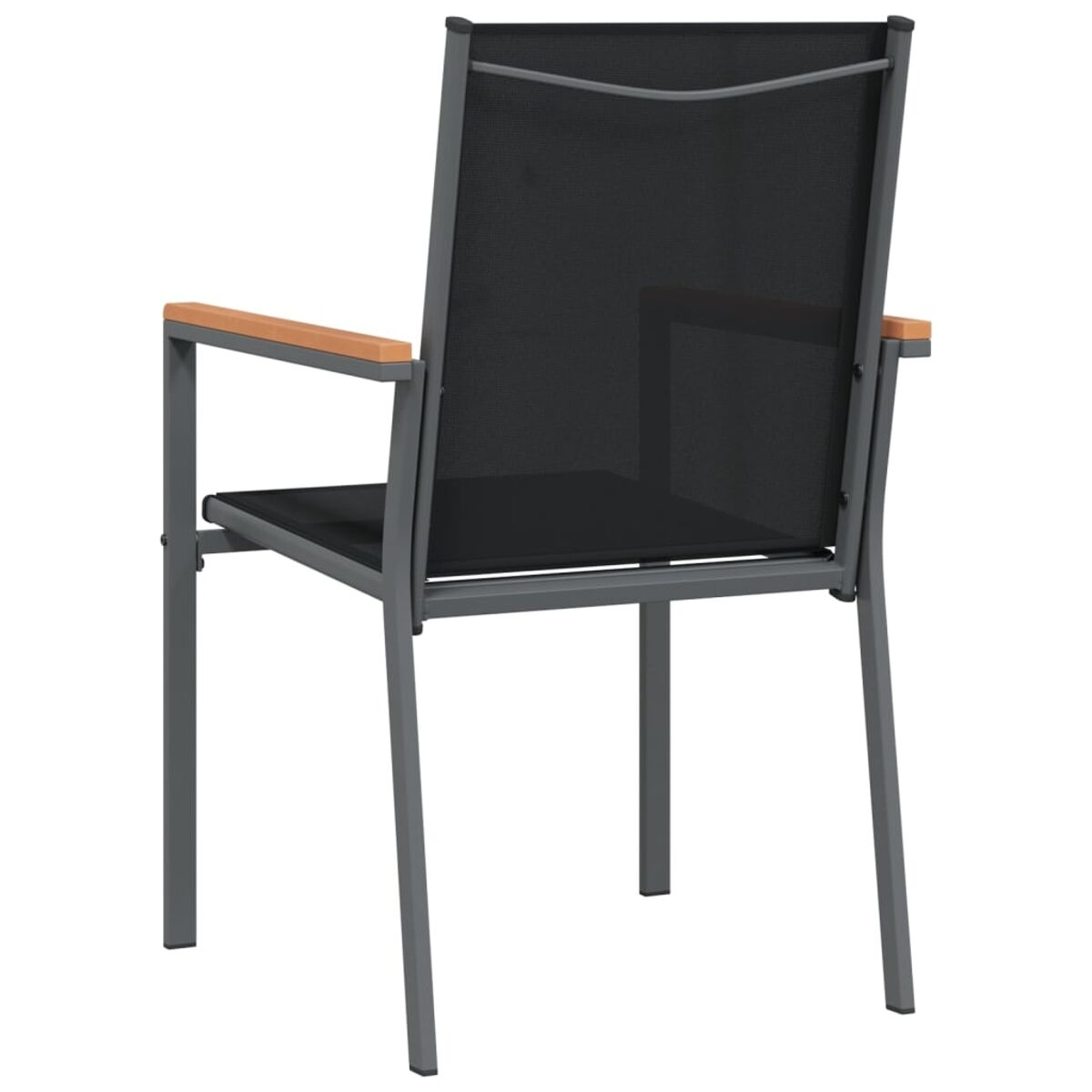Rückansicht eines schwarzen Outdoor-Stuhls mit schwarzem Netzrücken, Holzarmlehnen und grauem Metallrahmen.
