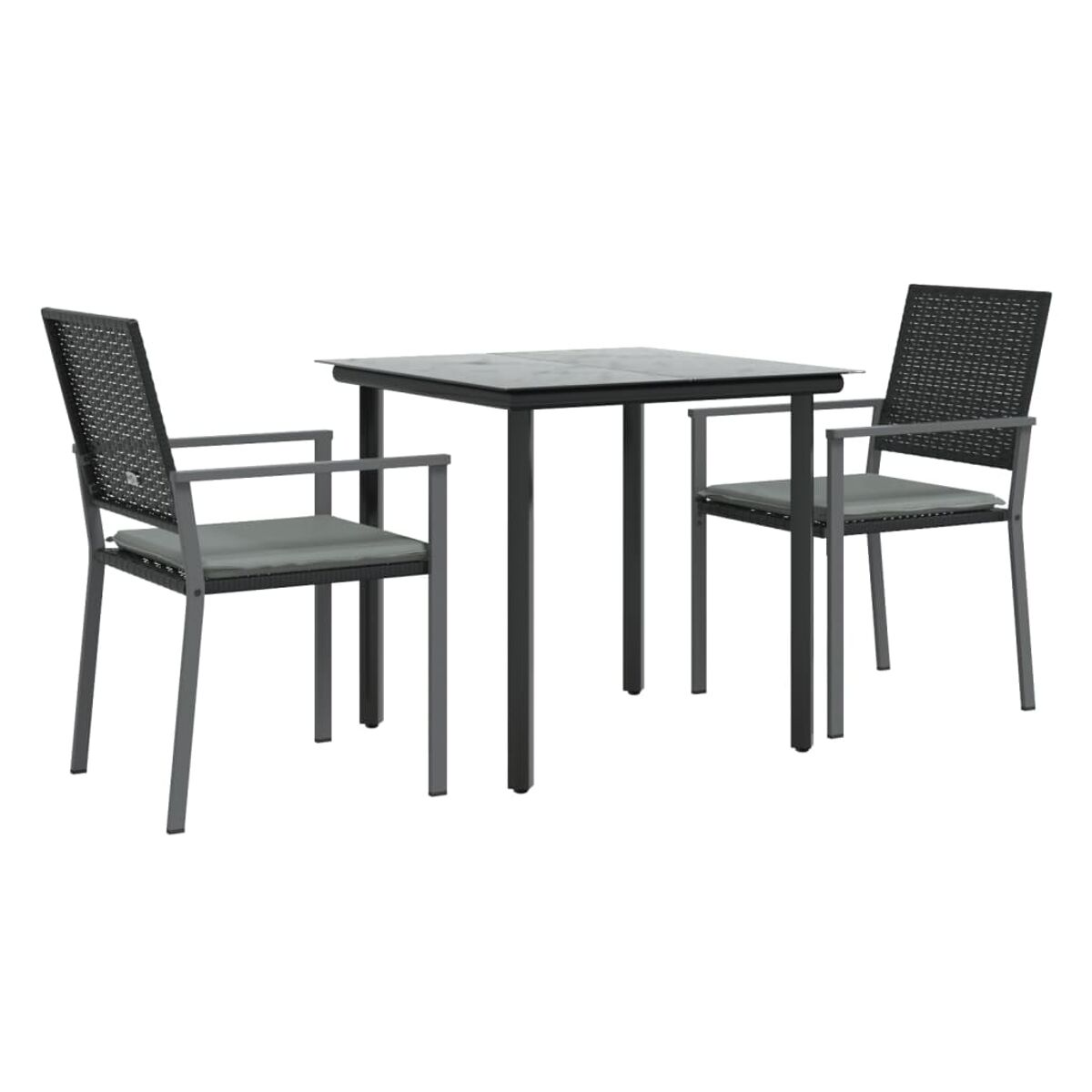 Ein schwarzer Tisch mit zwei Stühlen. Die Stühle haben graue Kissen. Der Tisch ist quadratisch.