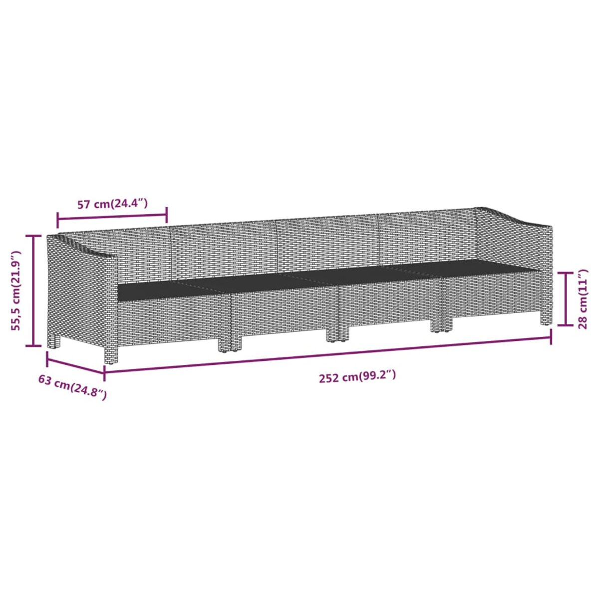 Langes, rechteckiges Outdoor-Sofa aus Korbgeflecht mit Abmessungen in cm und Zoll, graues Kissen.