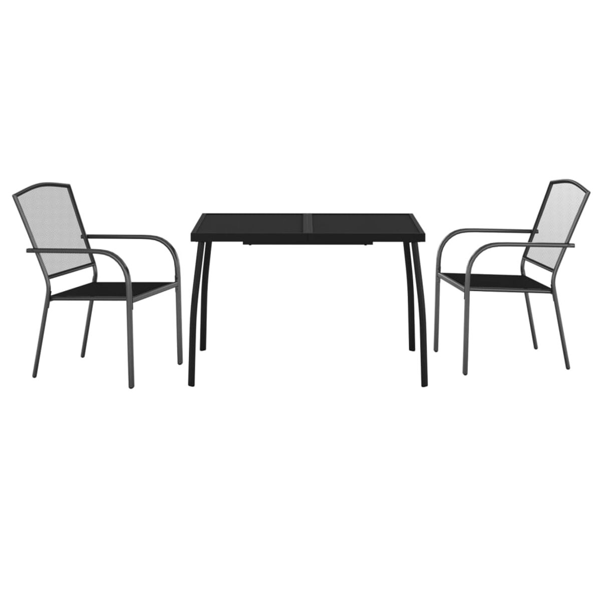 Schwarzer Metalltisch und zwei Stühle. Die Stühle haben eine Metallgitterlehne und Sitzfläche.