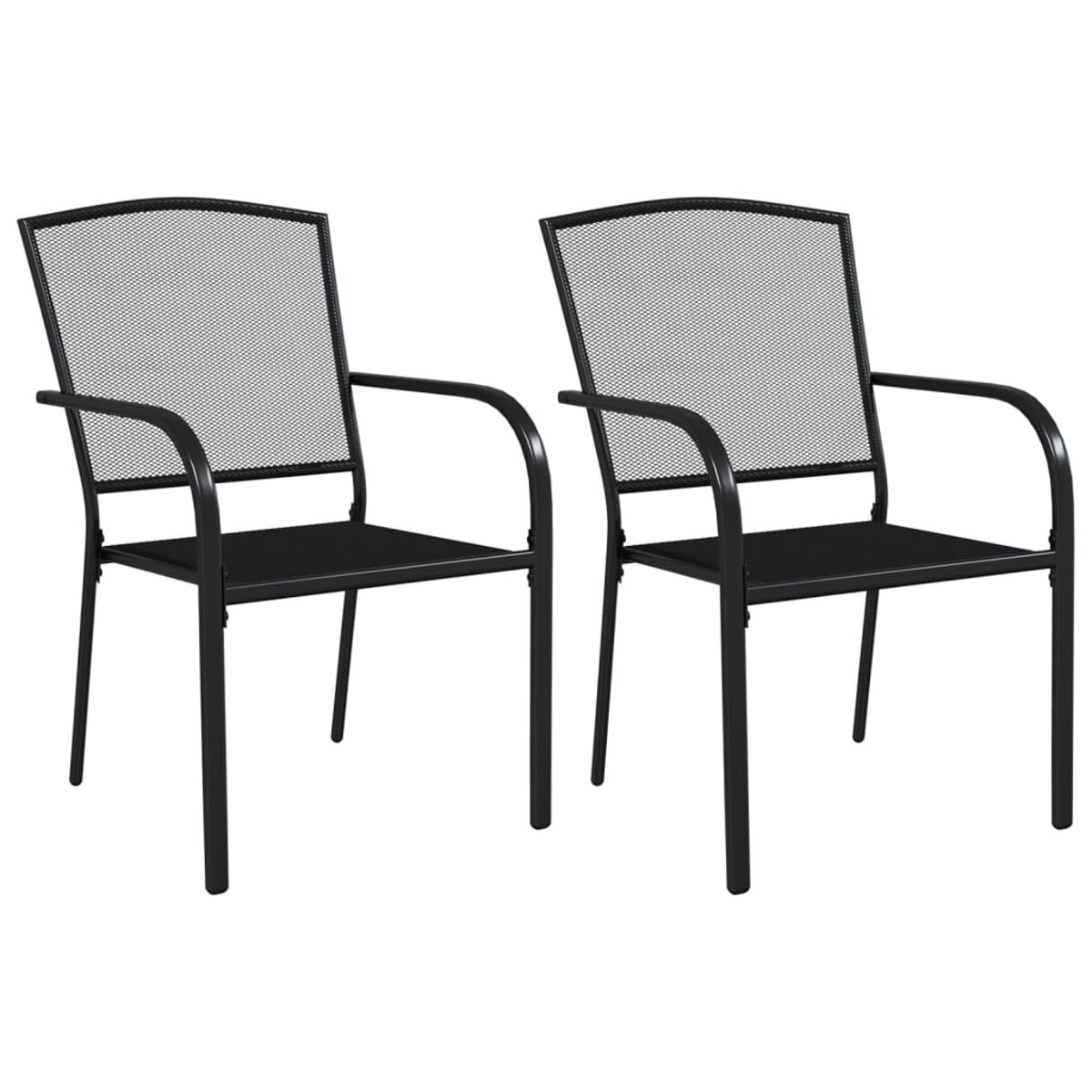 Zwei schwarze Metallstühle mit Netzrücken. Einfaches Design, für den Außenbereich geeignet.