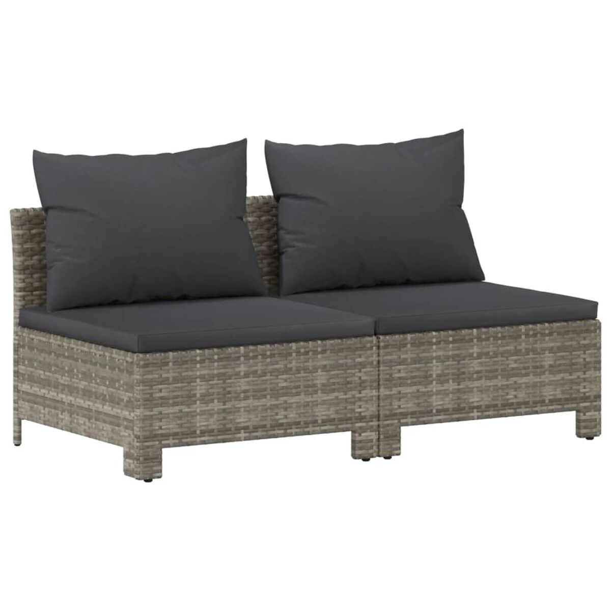 Zweisitzer-Sofa aus grauem Rattan mit dunkelgrauen Kissen. Das Sofa steht vor weißem Hintergrund.