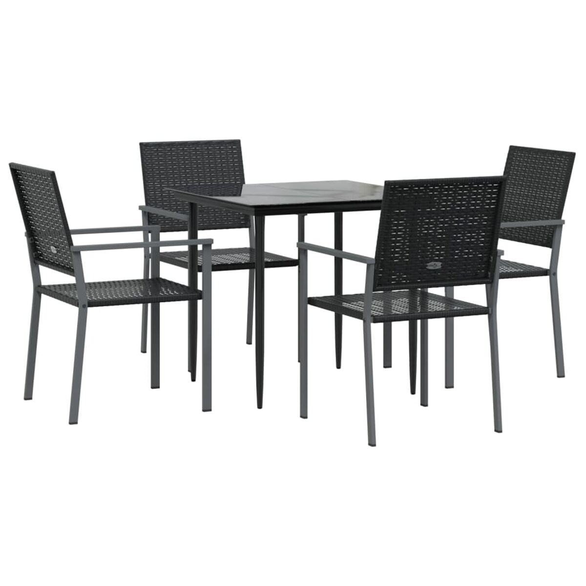 Ein quadratischer Tisch mit vier Stühlen. Die Stühle und der Tisch sind schwarz mit Sitzflächen.