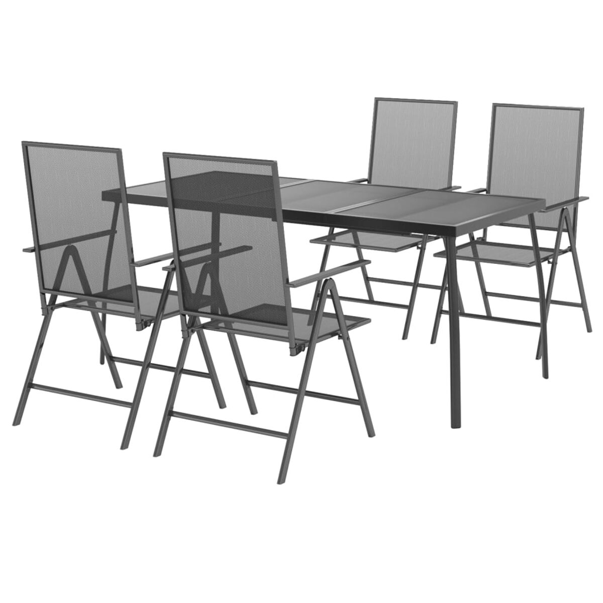 Ein Set von Essmöbeln für den Außenbereich mit einem rechteckigen Tisch und Stühlen. Die Farbe ist grau.