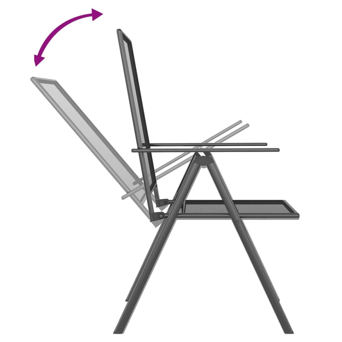 Klappbarer Outdoor-Stuhl. Der Stuhl ist schwarz. Seitenansicht. Der Stuhl ist in zwei Positionen.