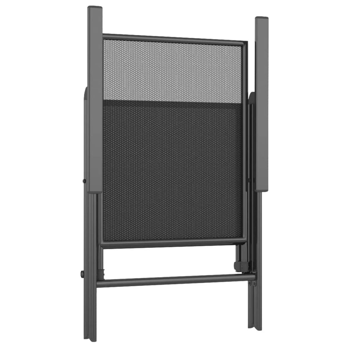 Klappstuhl, schwarzes Netz und Rückenlehne, zusammengeklappt zur Aufbewahrung.