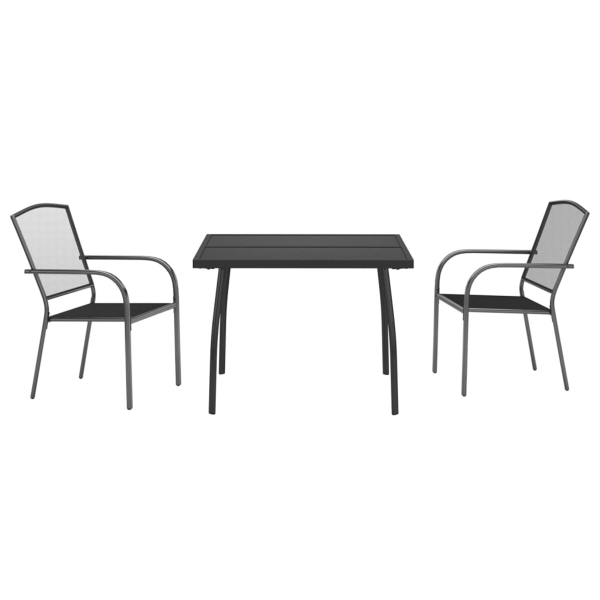 Schwarzes Ess-Set für den Außenbereich. Rechteckiger Tisch und zwei Stühle. Metallrahmen, Netzrücken.