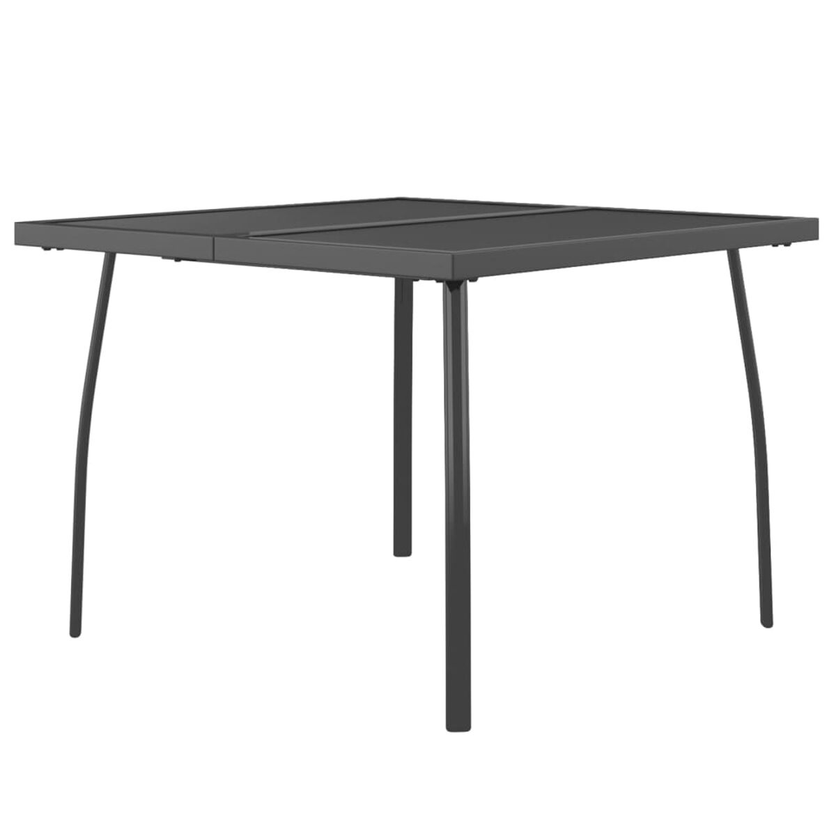 Ein quadratischer, dunkelgrauer Gartentisch mit vier gebogenen Beinen und einer flachen Platte.