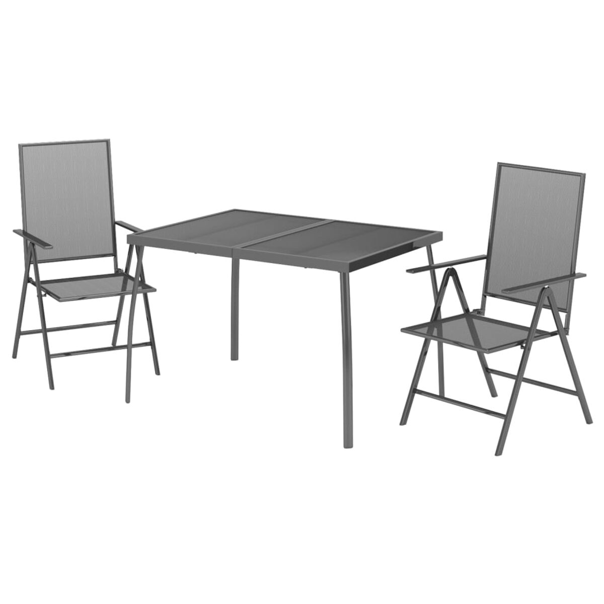 Ein grauer Metall-Tisch im Freien und zwei passende Stühle sind abgebildet.