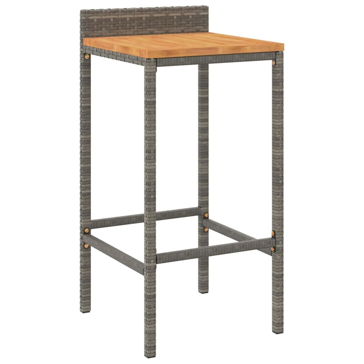Grauer Rattan-Barhocker mit Holzplatte und Fußstütze.