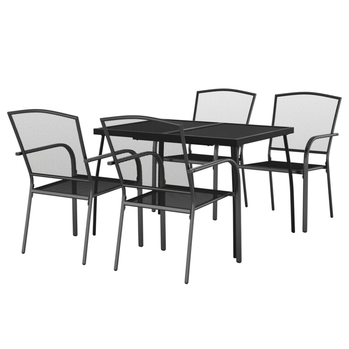 Ein Ess-Set für draußen mit einem schwarzen Tisch und vier schwarzen Stühlen. Es ist ein sonniger Tag.