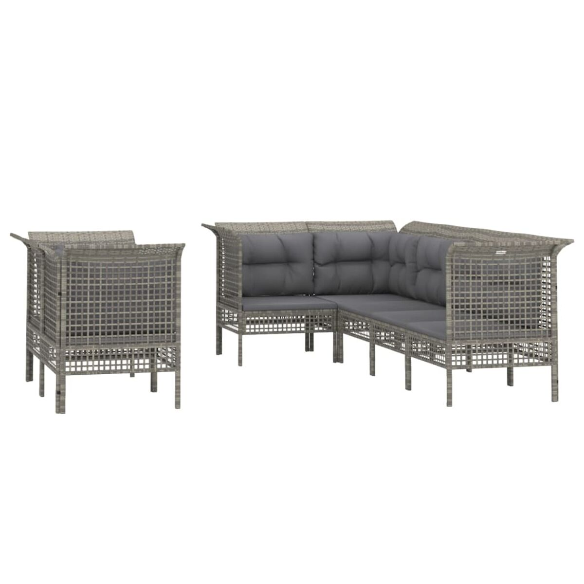 Rattan-Outdoormöbel-Set. Graue Kissen, Holzrahmen, auf weißem Hintergrund. Seitenansicht.