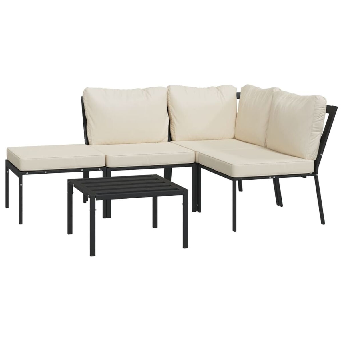 Outdoor-Sofagarnitur mit cremefarbenen Kissen und einem niedrigen Tisch, auf weißem Hintergrund.